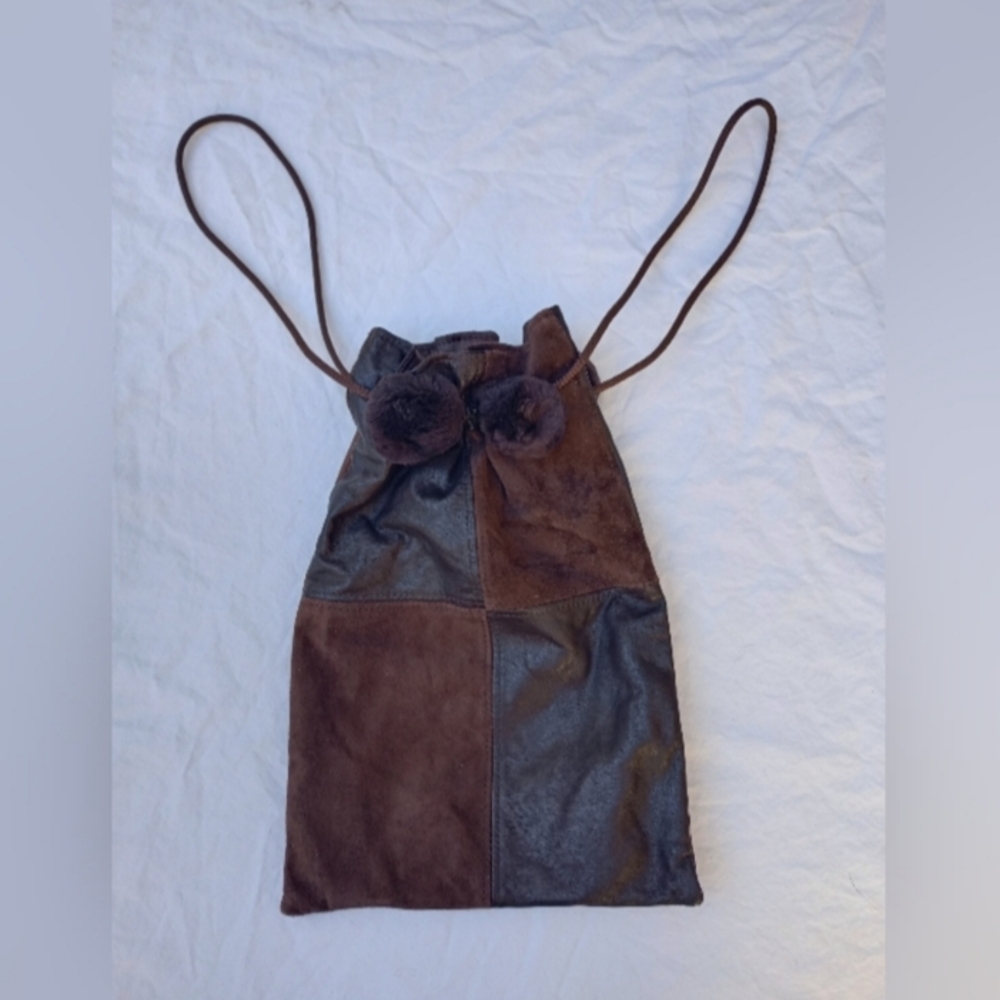 Artisan Patchwork Leather Suede Drawstring Purse Renaissance Bohemian Bucket Bag